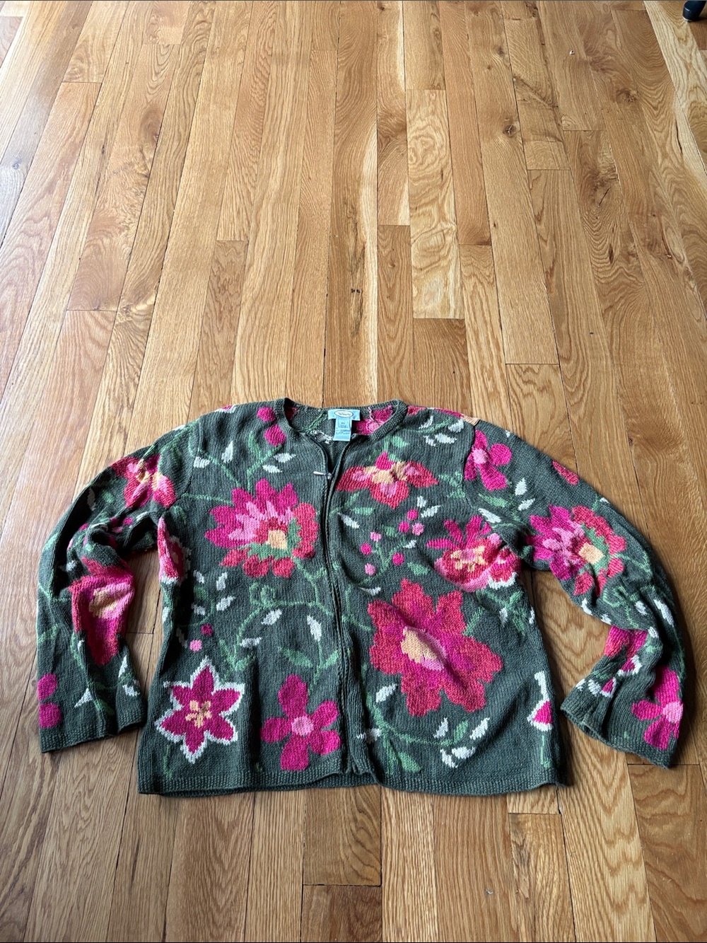 Talbots Olive Green and Hot Pink Floral Knit Cardigan